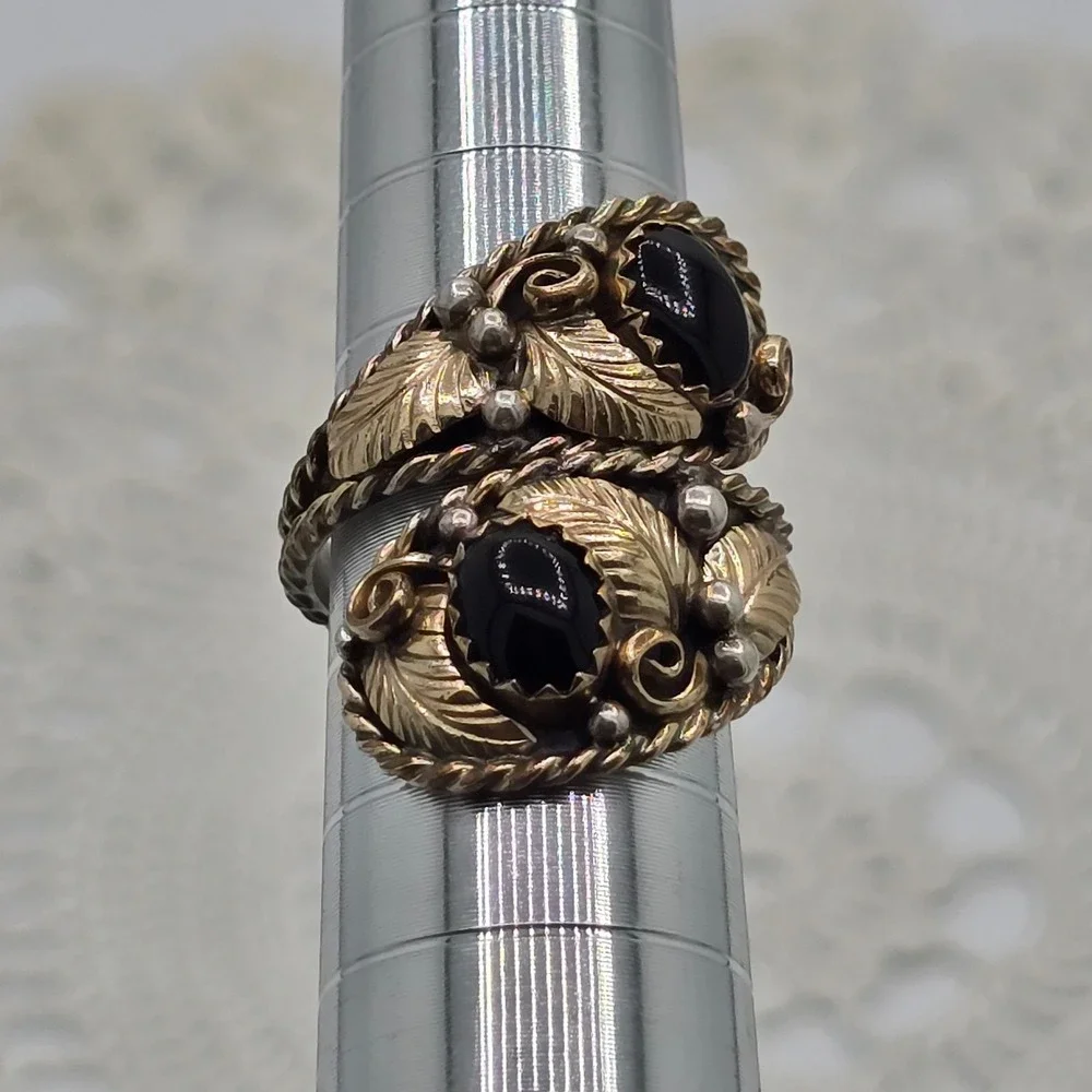 Vintage Bypass Ring Adjustable Size 4 12K Gold Filled Black Gemstone Seed Pearl